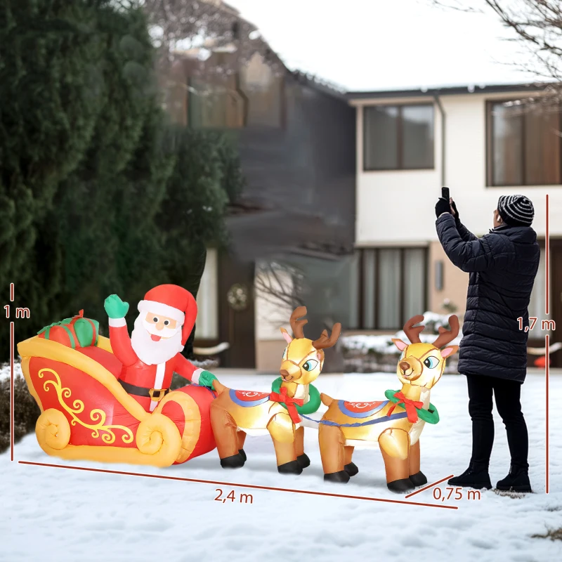 Outsunny Papá Noel Hinchable con Trineo y Renos Inflables de Navidad con Luces LED para Exterior e Interior 240x75x100 cm