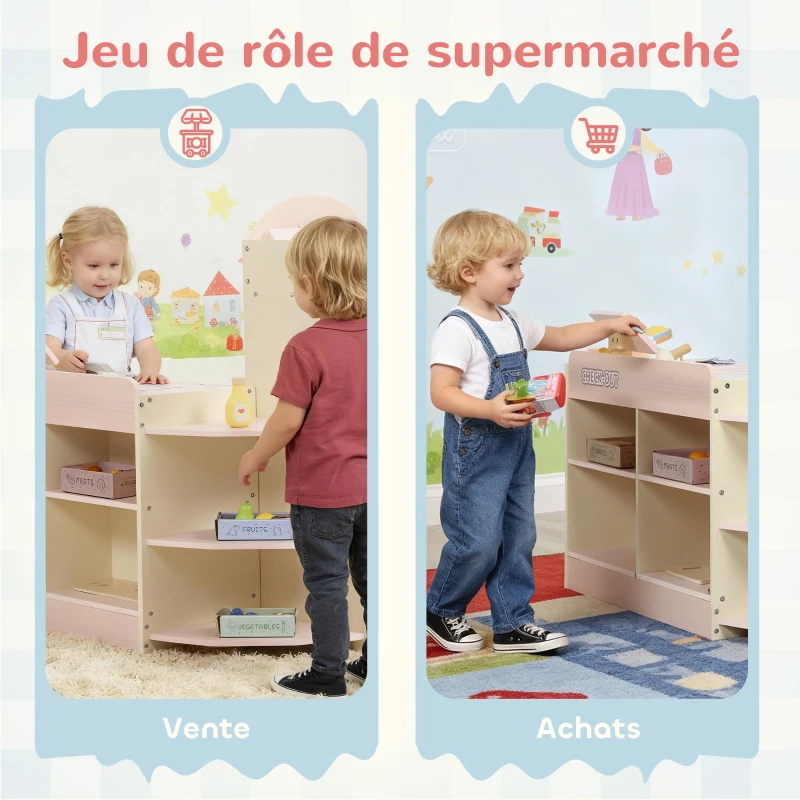 AIYAPLAY Supermarché pour enfant, marchande en bois, caisse enregistreuse, distributeur et accessoires, 90,7x60x73,8cm, vert