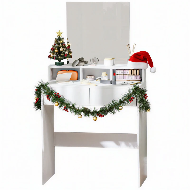 HOMCOM Coiffeuse avec miroir, table de maquillage avec 2 tiroirs et 3 compartiments, style moderne, 75 x 38 x 135 cm, blanc