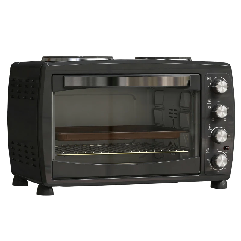 HOMCOM 36L Small Oven with 2 Hot Plates, Countertop Toaster Oven, Grill, Roast, Bake, Boil, with Timer, Adjustable Temperature, Electric Oven with Baking Tray, Grill Rack, Crumb Tray, 2600W, Black