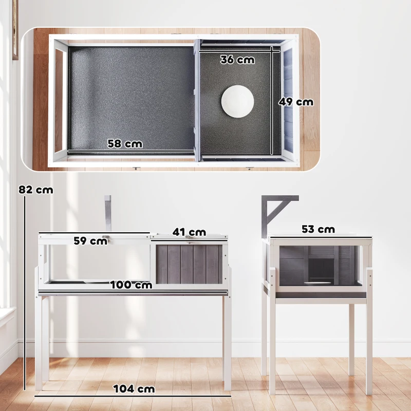 PawHut Casa para Tortugas de Madera con Techo de Malla Bandeja Extraíble y Soporte para Lámpara 104x53x82 cm Gris y Blanco