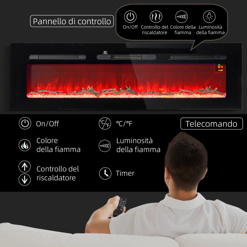 HOMCOM Camino Elettrico 1800W Regolabile con Telecomando, in Acciaio e Vetro Temperato, 152.4x15.8x45 cm, Nero