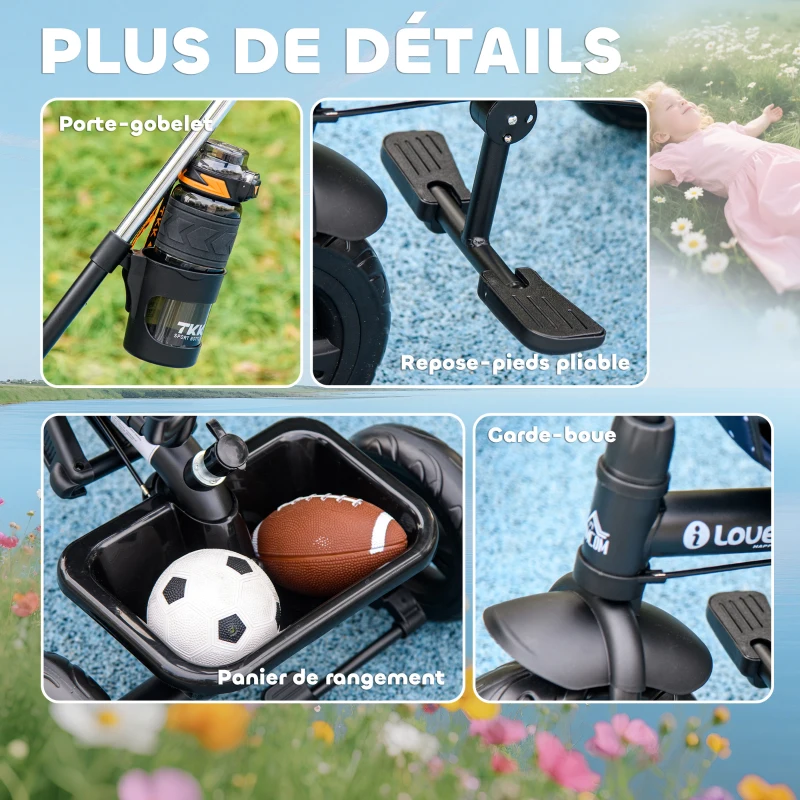 HOMCOM Tricycle Enfants Pare-Soleil Pliable Canne Amovible Benne Rangement 105 x 47 x 98 cm Acier Bleu et Noir