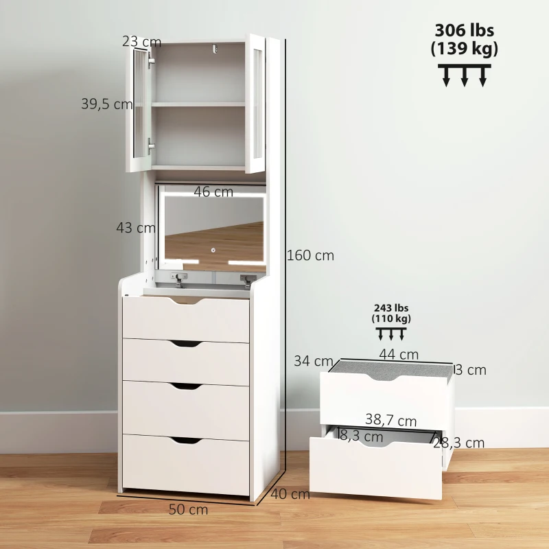 HOMCOM Toucador de Maquilhagem com Luzes LED de 3 Cores Espelho Rebatível e Banco Acolchoado 50x40x160 cm Branco