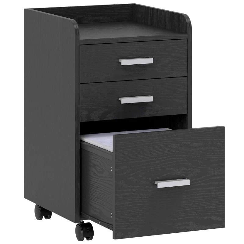 HOMCOM 3 Drawer Filing Cabinet, Rolling File Cabinet with Edged Top for Letter, A4 Size, Hanging File Folders, Black
