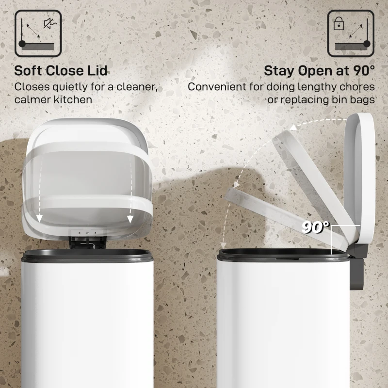 HOMCOM 30L Kitchen Bin, Compact Pedal Bin with Soft-Close and Stay-Open Lid, Removable Bucket for Kitchen, Home, Office, White