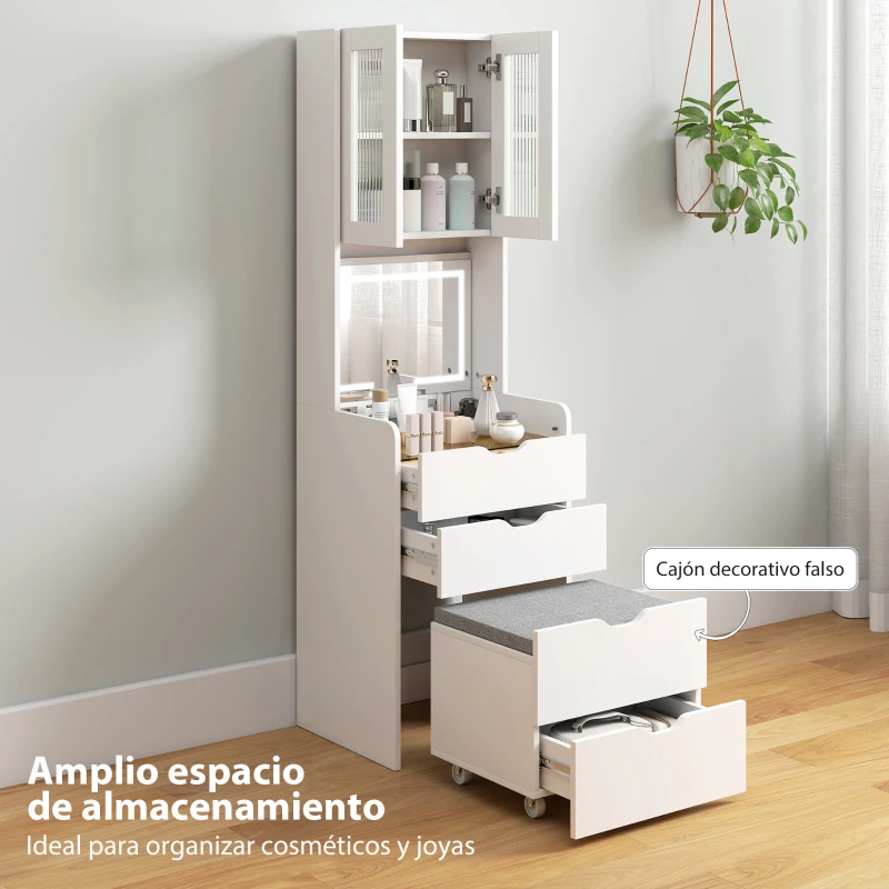 HOMCOM Tocador de Maquillaje con luces LED de 3 Colores Espejo Abatible y Taburete Acolchado 3 Cajones y Estantes Blanco