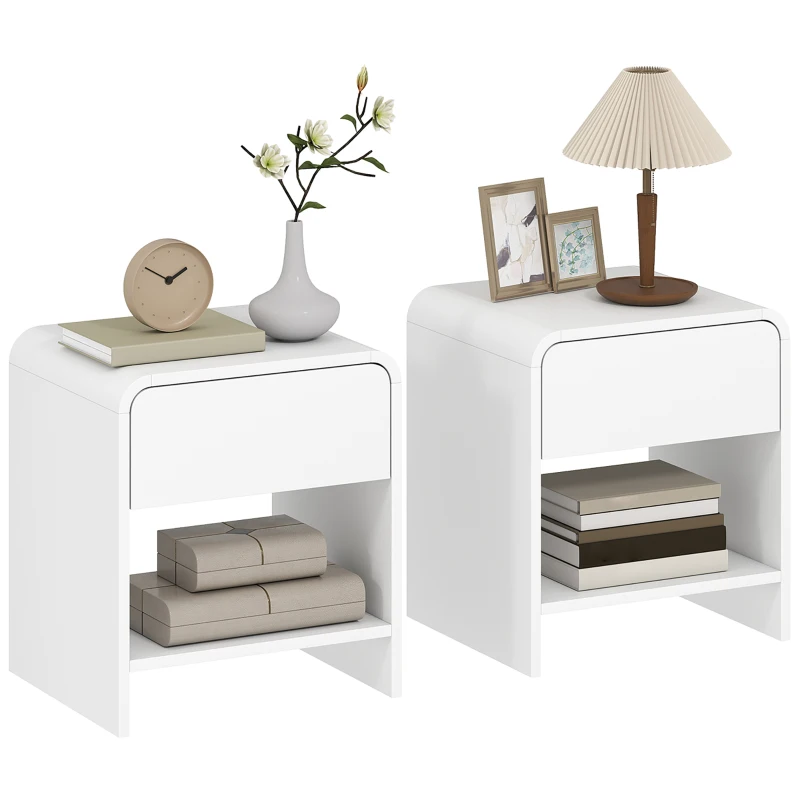 HOMCOM Lot de 2 tables de chevet, table d'appoint moderne avec compartiment ouvert et tiroir, 40 x 35 x 45 cm, blanc