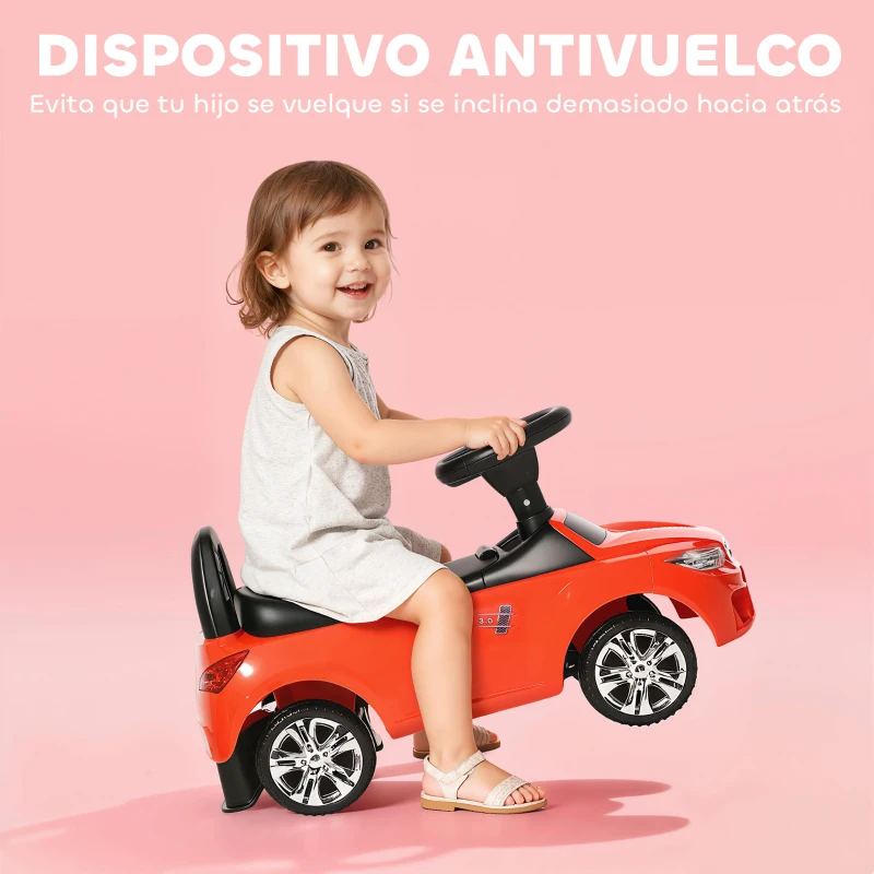HOMCOM Coche Correpasillos para Niños de 18-36 Meses con Faros Música Bocina Volante Espacio de Almacenaje y Asa Rojo