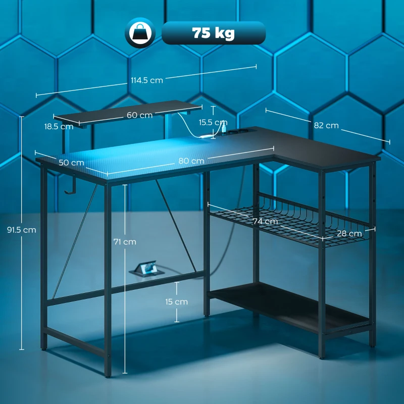HOMCOM Bureau Gaming d'Angle avec LED, Prises Électriques, Support Écran et Étagère, Noir