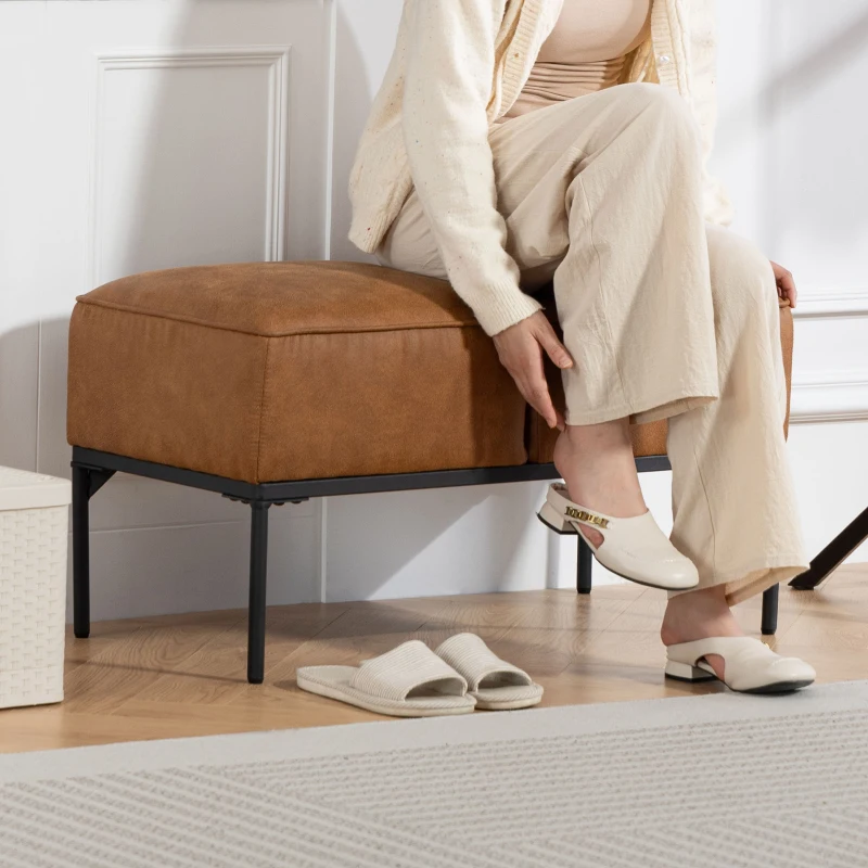 HOMCOM Taburete Pie de Cama Moderno de Cuero Sintético con Asiento Acolchado Grueso y Patas de Acero 80x40x46 cm Marrón