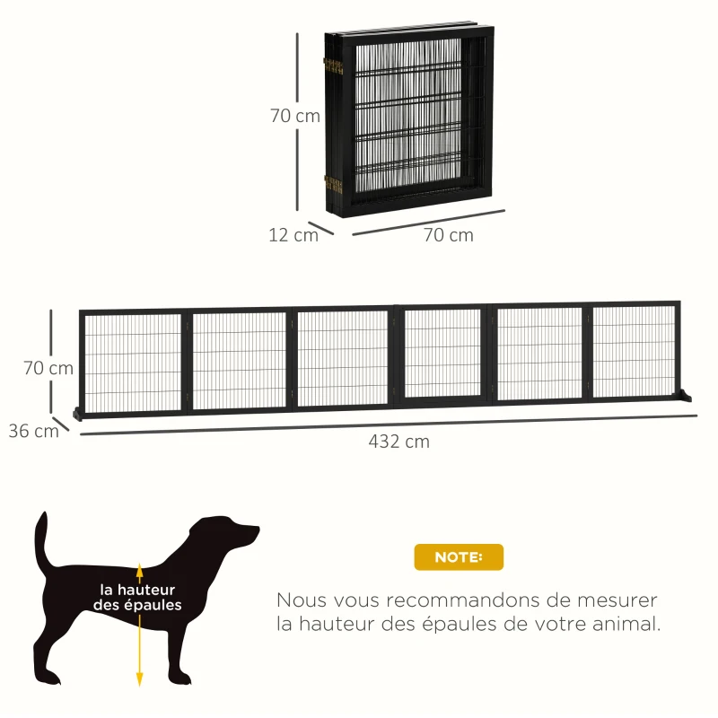 PawHut Barrière de sécurité pour chien barrière pliable à 6 panneaux avec pieds amovibles 432 x 36 x 70 cm noir