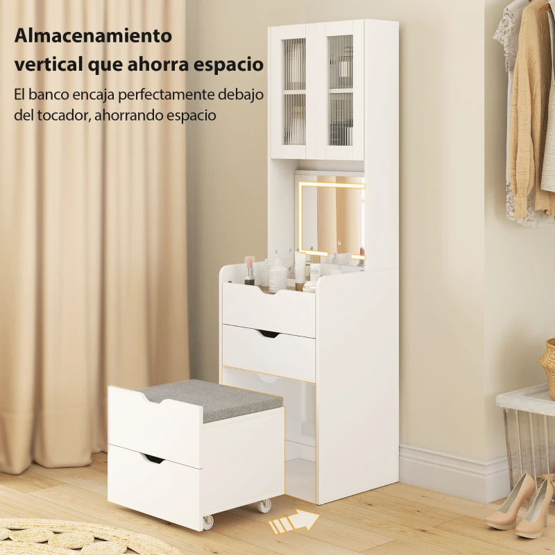 HOMCOM Tocador de Maquillaje con luces LED de 3 Colores Espejo Abatible y Taburete Acolchado 3 Cajones y Estantes Blanco