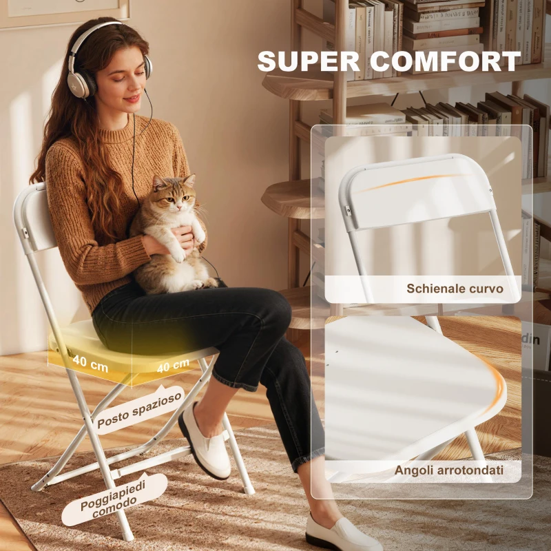 HOMCOM Set 4 Sedie Pieghevoli con Fori di Drenaggio in Plastica e Metallo, 45x49x79.5 cm, Bianco