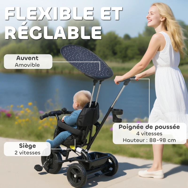 HOMCOM Tricycle Enfants Pare-Soleil Pliable Canne Amovible Benne Rangement 105 x 47 x 98 cm Acier Bleu et Noir