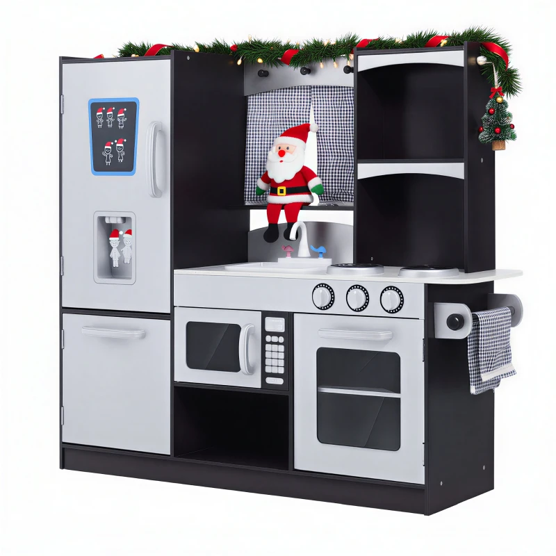 HOMCOM Cuisine pour enfants en bois dinette jeu d'imitation éducatif complet nombreux accessoires & rangements inclus MDF pin 105 x 32 x 95 cm argenté et noir