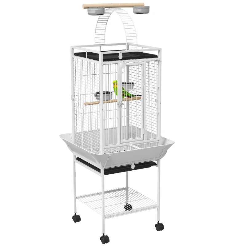 PawHut Vogelkäfig, Papageienkäfig mit 3 Türen, 2 Sitzstange, 360° Rollen, Futternapf, Ablage, Freisitz, 62,5x62,5x156cm, Weiß