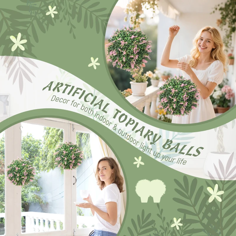 HOMCOM Set of 2 Artificial Plant Topiary Balls, UV-protected Fake Decorative Plants, Pink