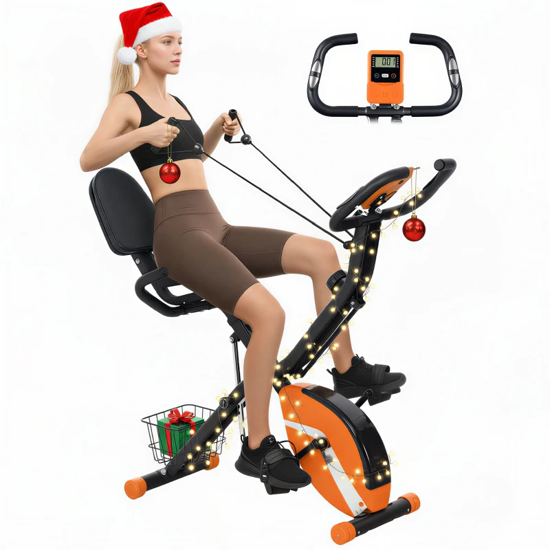SPORTNOW Five-in-one Foldable Exercise Bike, Stationary Bike with Arm Workout Bands, LDC Monitor, Phone Holder, Orange