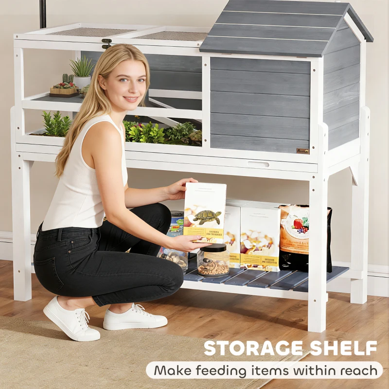 PawHut Casa para Tortugas de Madera con Soporte para Lámpara Ajustable Techos Abatibles Bandeja Extraíble y Estante Inferior