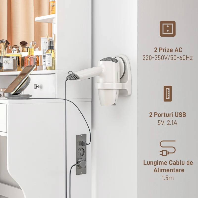 HOMCOM Masă de Toaletă cu Oglindă Iluminată LED, Masă de Machiaj cu Stație de Încărcare, 4 sertare și rafturi de depozitare, 90x45x160 cm, Alb