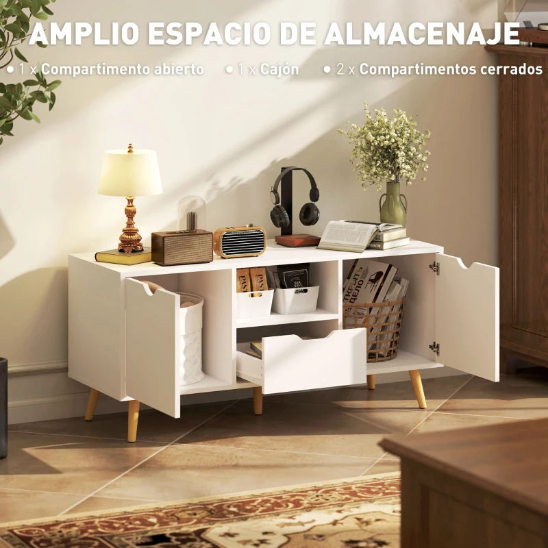 HOMCOM Mueble de TV con Cajón 2 Puertas y Estante Abierto Patas de Madera para Televisores 50 Pulgadas 110x40x50 cm Blanco