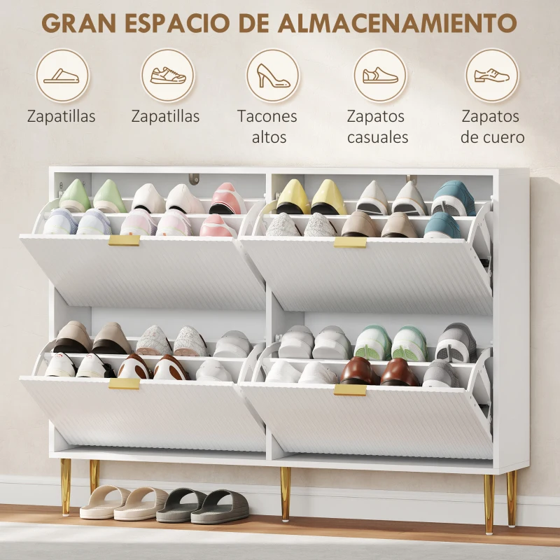 HOMCOM Zapatero Estrecho con 4 Puertas Acanaladas con Estantes Ajustables para 20 Pares de Zapatos 105x24x91,5 cm Blanco