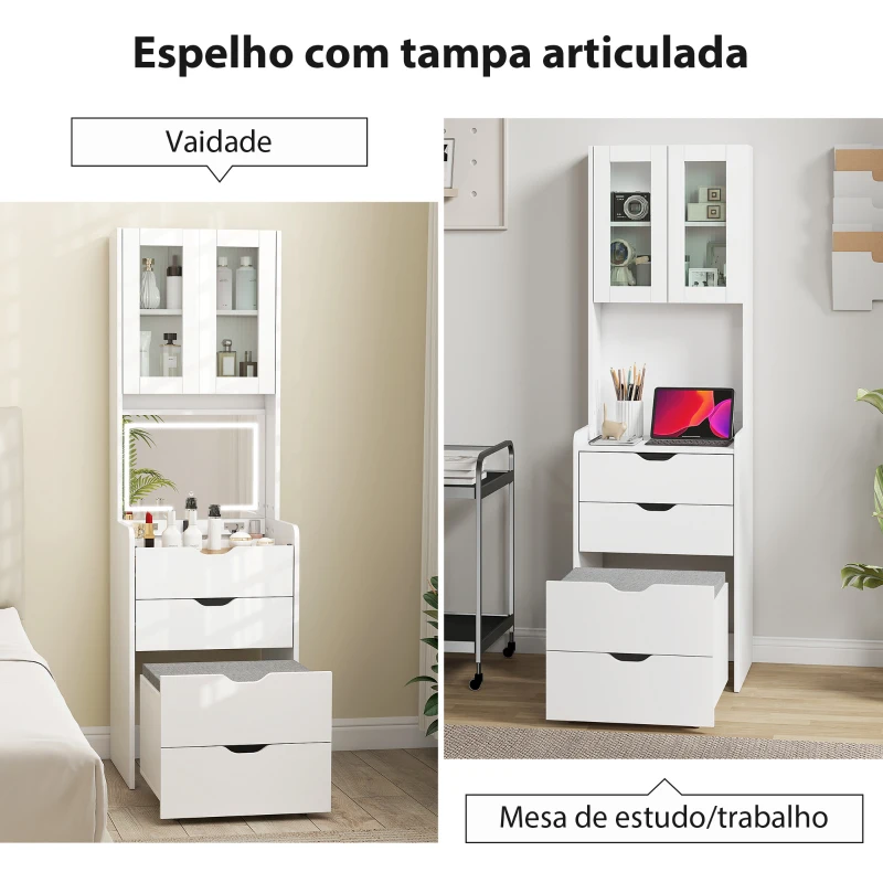 HOMCOM Toucador de Maquilhagem com Luzes LED de 3 Cores Espelho Rebatível e Banco Acolchoado 50x40x160 cm Branco