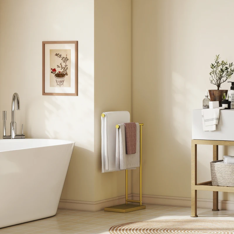 HOMCOM Toallero de Pie con 2 Barras y Marco Metálico Toallero de Baño Moderno en Forma de L 35,5x20x78 cm Dorado
