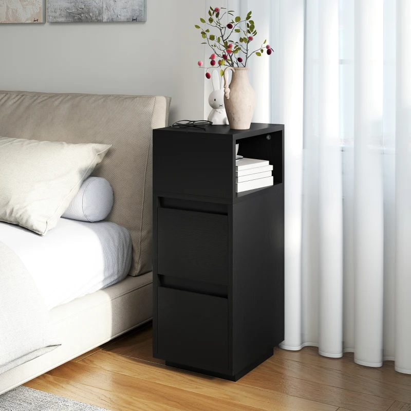 HOMCOM Slim Bedside Table, Narrow Bedside Cabinet with Open Shelf and 2 Drawers for Bedroom, Living Room, Black
