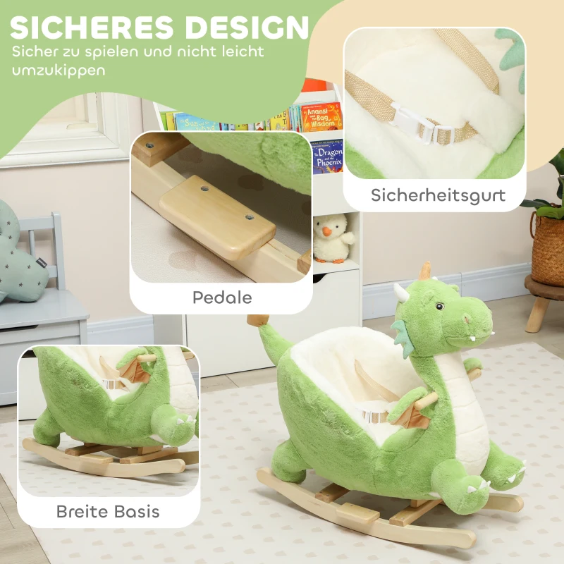 AIYAPLAY Schaukeltier, Dinosaurier-Schaukel, interaktive Tiergeräusche, weiche Füllung, Holzrahmen, 65 x 38 x 72 cm, Grün