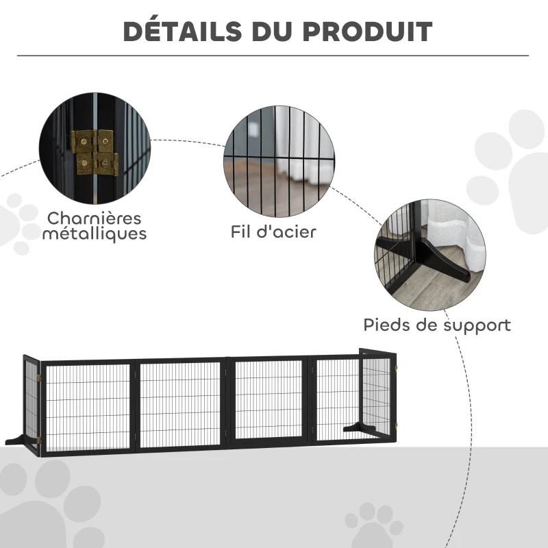 PawHut Barrière de sécurité pour chien barrière pliable à 6 panneaux avec pieds amovibles 432 x 36 x 70 cm noir