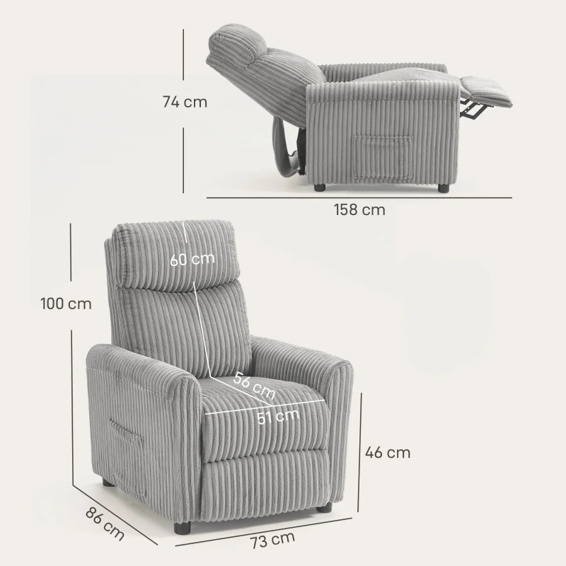 HOMCOM Sillón Relax Reclinable Manual Tapizado en Pana Instalación Rápida Reposapiés Acolchado Grueso Gris Claro