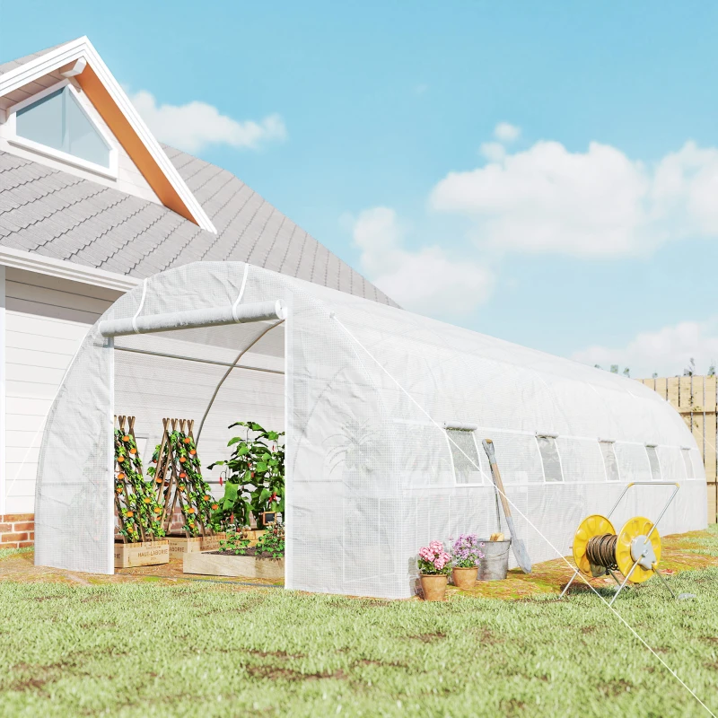 Outsunny Serra a Tunnel 8x3x2 m con Rivestimento in Plastica e Acciaio Rinforzato, Bianco