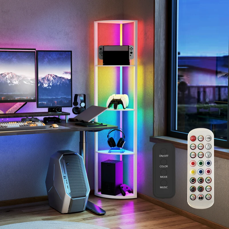 HOMCOM RGB LED Floor Lamp with Shelves, 5-Tier Dimmable Standing Lamp with Adjustable Brightness and Remote Control, Modern Corner Display Shelf Unit for Living Room Bedroom Office, White