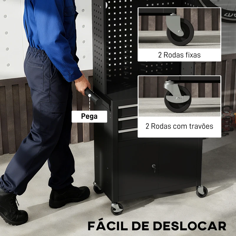 HOMCOM Carrinho de Ferramentas com 3 Gavetas e Painel de Perfurado Fechadura com Chave Prateleira Ajustável 2 Rodas com Travão de Bloqueio 69x33x133 cm Preto
