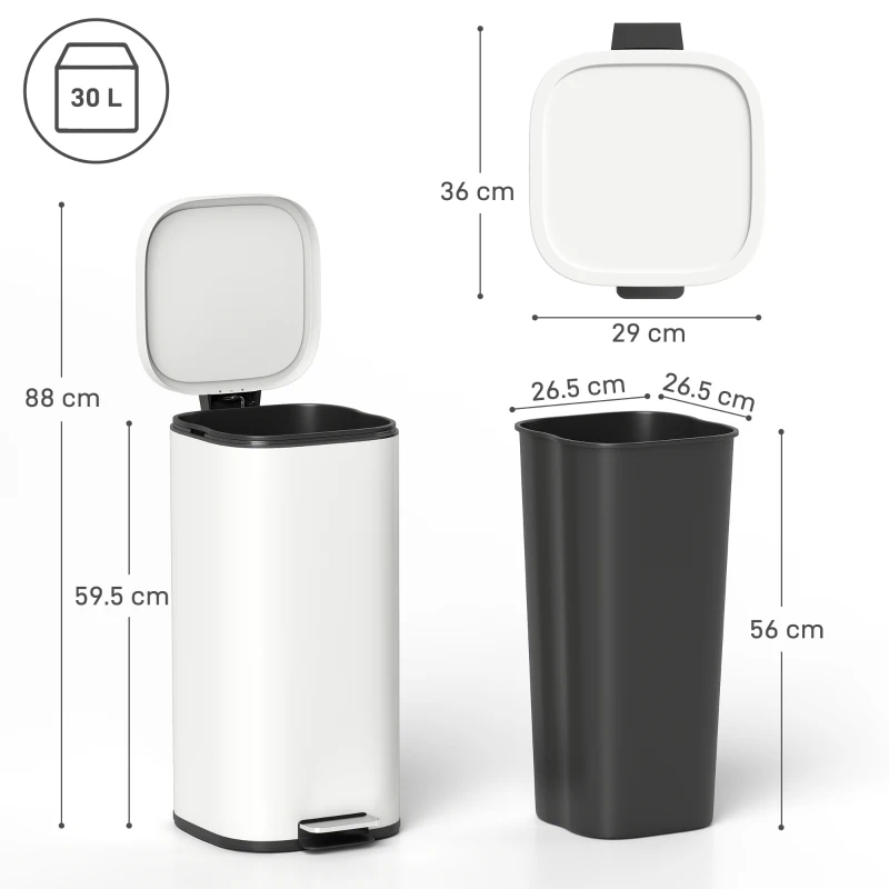HOMCOM 30L Kitchen Bin, Compact Pedal Bin with Soft-Close and Stay-Open Lid, Removable Bucket for Kitchen, Home, Office, Cream