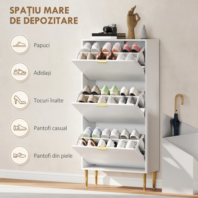 HOMCOM Dulap Subțire pentru 18 Perechi de Pantofi cu 3 Sertare Basculante și Rafturi Reglabile, 60x24x128 cm, Alb