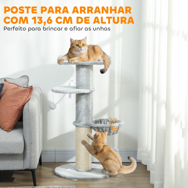 PawHut Arranhador para Gatos 103,5 cm Torre para Gatos com Cama Rede Plataforma Poste de Sisal Extra Grosso Bola Pendurada Cinza Claro