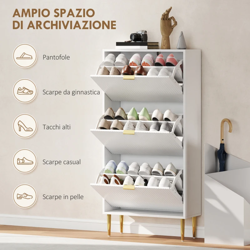 HOMCOM Scarpiera Slim per 18 Paia di Scarpe con 3 Cassetti a Ribalta e Ripiani Regolabili, 60x24x128 cm, Bianco