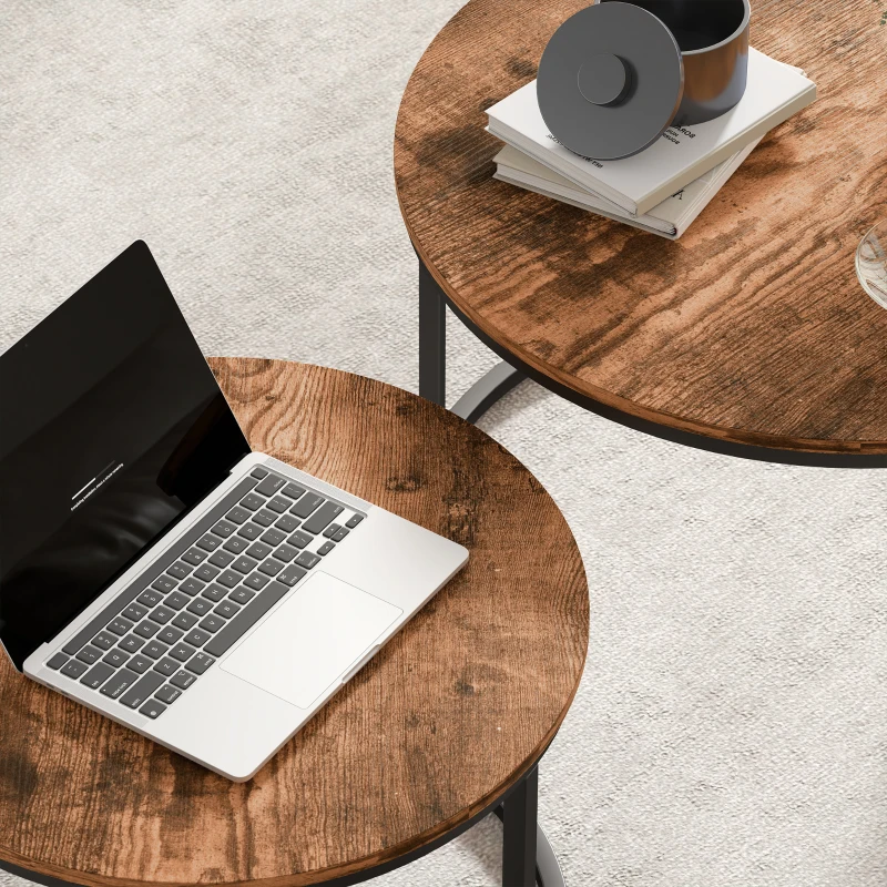 HOMCOM Coffee Table Set of 2, Round Nest of Tables with Metal Frame, Modern Side Tables for Living Room, Rustic Brown