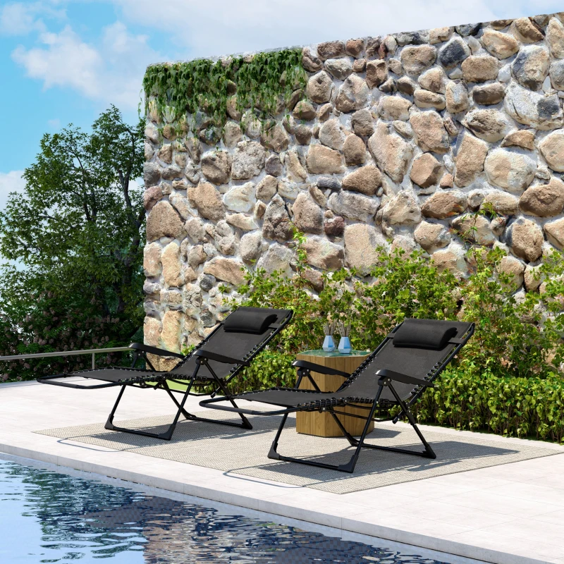 Outsunny Lot de 2 bain de soleil, chaise longue pliante inclinable avec appuie-tête en textilène, 90 x 65 x 112 cm, noir