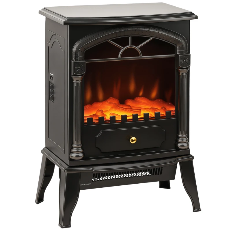 HOMCOM Electric Fireplace Stove Heater with 3D Flame Effect, 2000W/1000W, Freestanding Portable Fireplace with Adjustable Thermostat, 2 Heat Settings for Living Room, Black