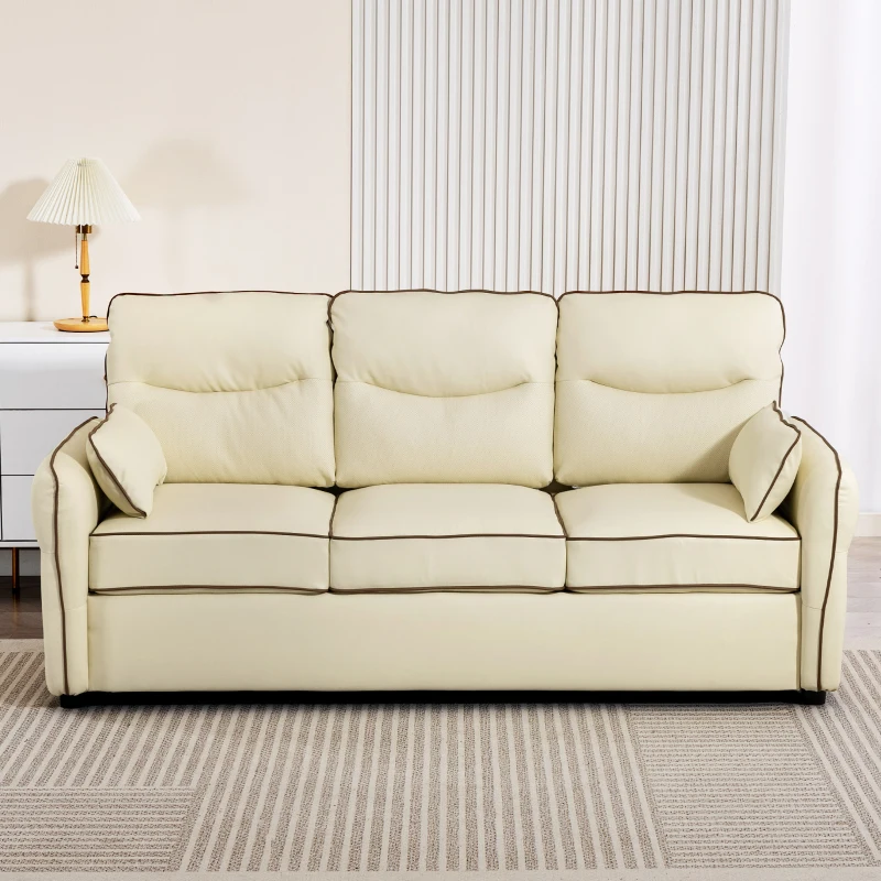 HOMCOM 3-Sitzer-Sofa aus Kunstleder mit dicker Polsterung, Seitentasche und 2 Kissen, 190x83x90 cm, Beige