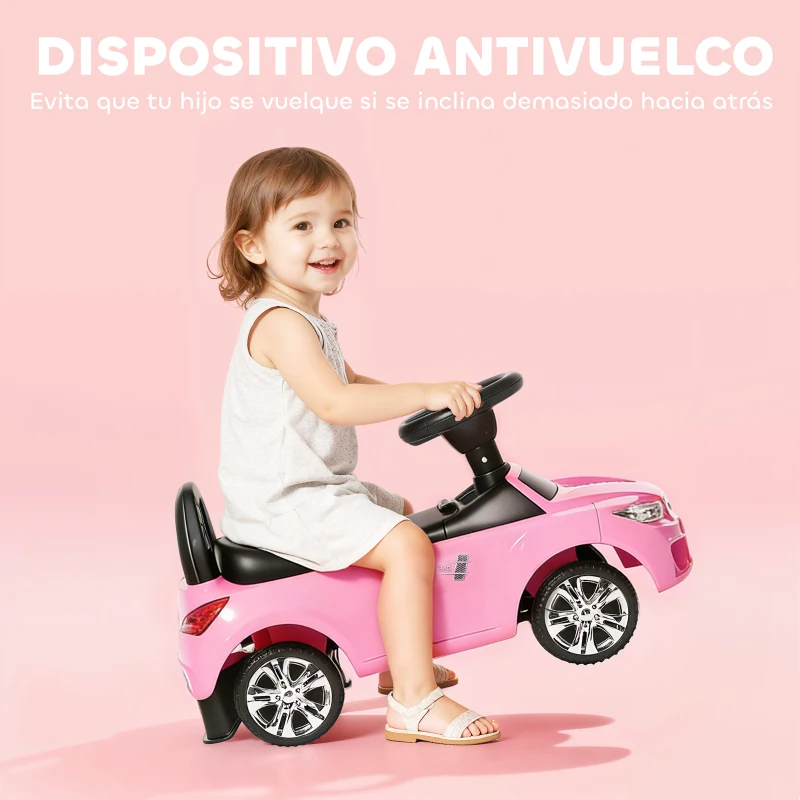 HOMCOM Coche Correpasillos para Niños de 18-36 Meses con Faros Música Bocina Volante Espacio de Almacenaje y Asa Rosa