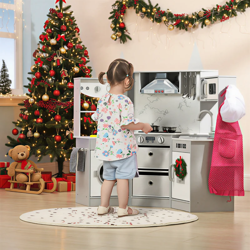 AIYAPLAY Toy Kitchen with Running Water, Lights, Sounds, Apron and Chef Hat, Water Dispenser, for Ages 3-6 Years, Grey
