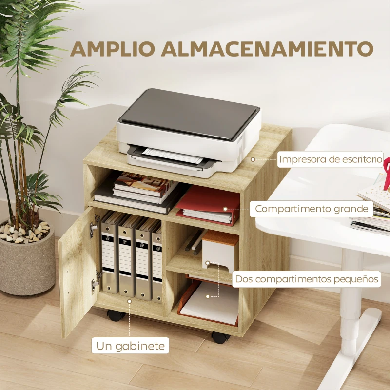 HOMCOM Mueble para Impresora con Ruedas Multifuncional con Estantes con Amplio Espacio de Almacenaje 60x50x65,5 cm Natural