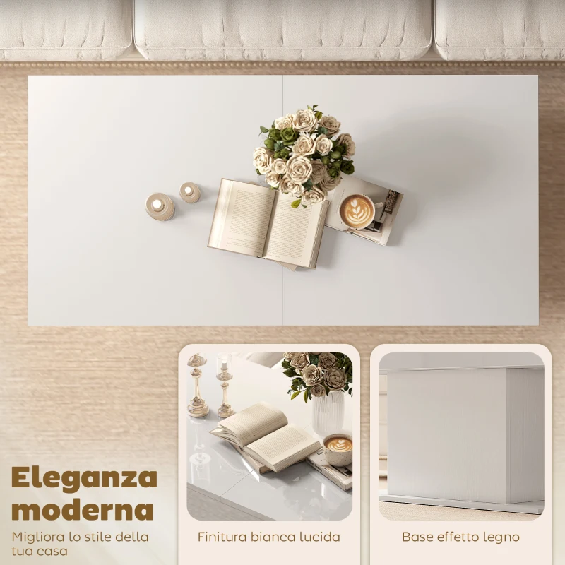 HOMCOM Tavolino da Caffè Estensibile con Vano Contenitore Moderno, 108-178.5x53x49 cm, Bianco Lucido