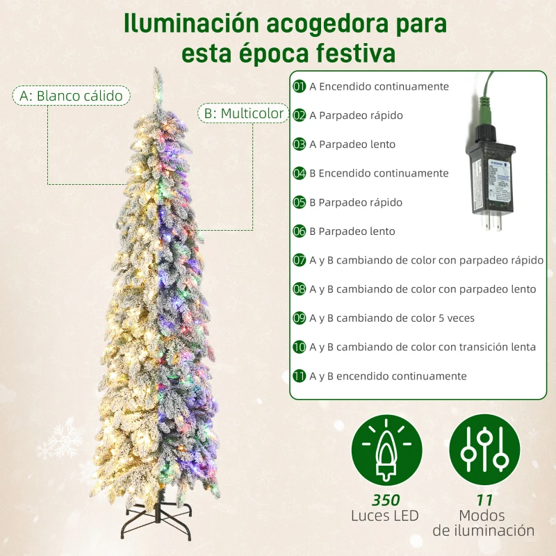 HOMCOM Árbol de Navidad Estrecho 225 cm con Luces LED Bicolores 11 Modos de Iluminación Temporizador 800 Ramas Verde