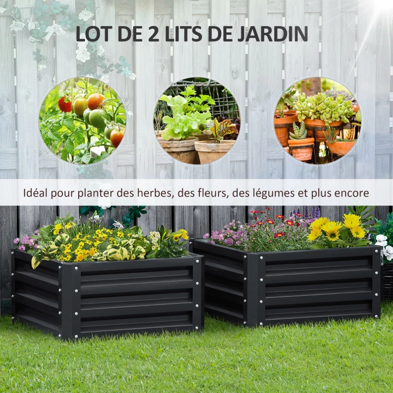 Outsunny Lot de 2 jardinières surélevées, carre potager de jardin pour légumes, fleurs, acier galvanisé 60 x 60 x 30,5 cm, gris